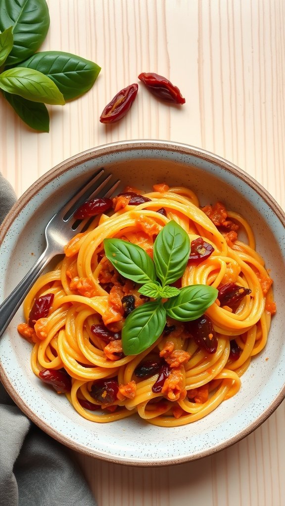 Pasta in creamy sun-dried tomato sauce garnished with basil on a rustic table.