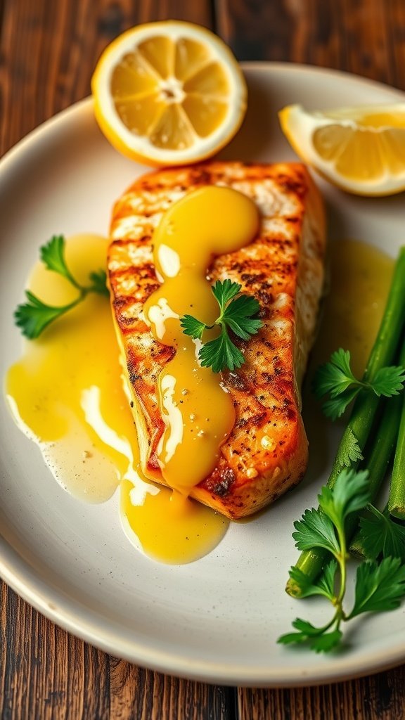 Pan-seared salmon fillet with crispy skin and lemon butter sauce, garnished with parsley on a wooden table.