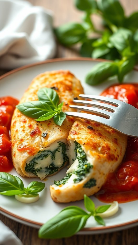 Stuffed chicken breasts with spinach and ricotta filling, garnished with basil, served with marinara sauce.