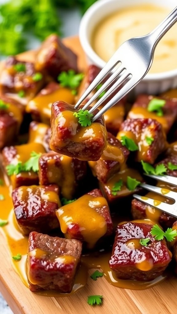 Delicious garlic butter steak bites glistening with sauce, garnished with parsley, served on a wooden board.