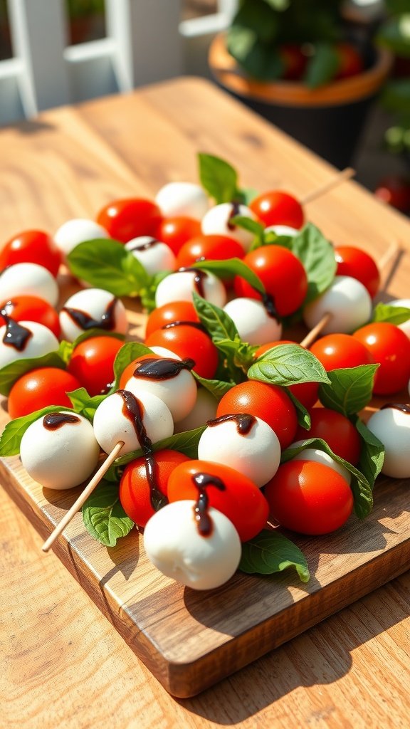 Colorful Caprese salad skewers with cherry tomatoes, mozzarella, and basil on a rustic wooden platter, drizzled with balsamic glaze.