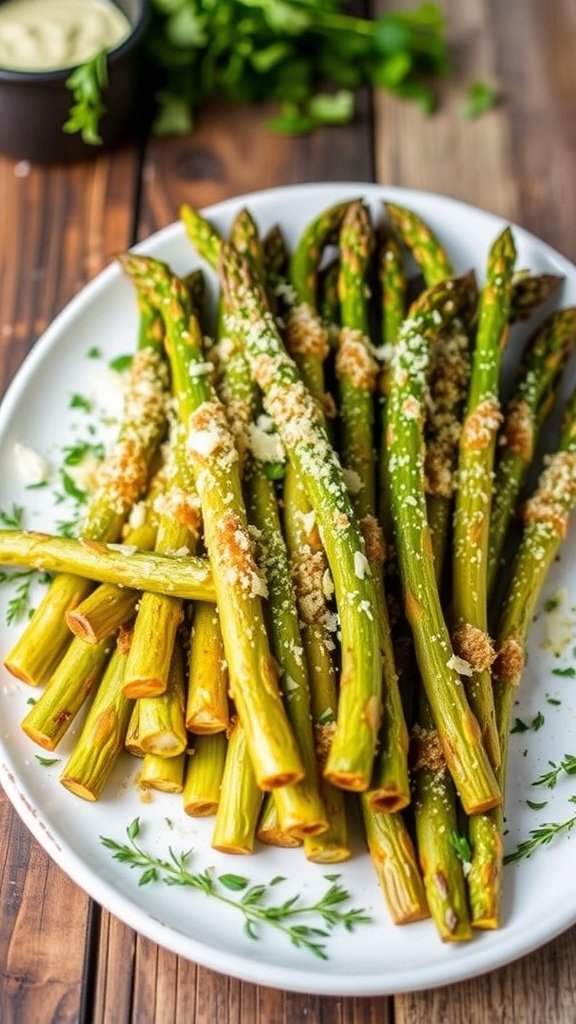 Crispy parmesan-roasted asparagus on a wooden table, garnished with herbs.