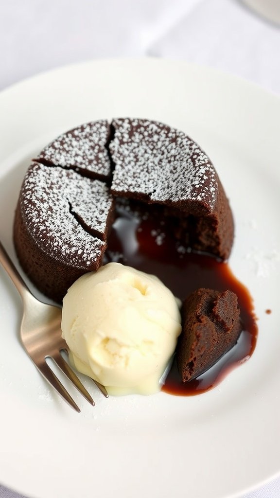 A decadent chocolate lava cake with molten center, served with powdered sugar and vanilla ice cream.