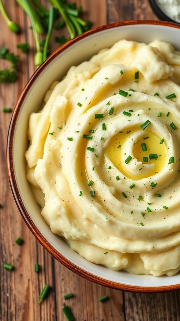 A serving of creamy herbed mashed potatoes garnished with parsley and chives in a rustic bowl.