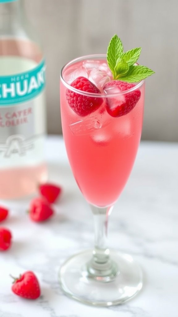 Sparkling raspberry mocktail in a glass, garnished with raspberries and mint, on a sunny outdoor table.