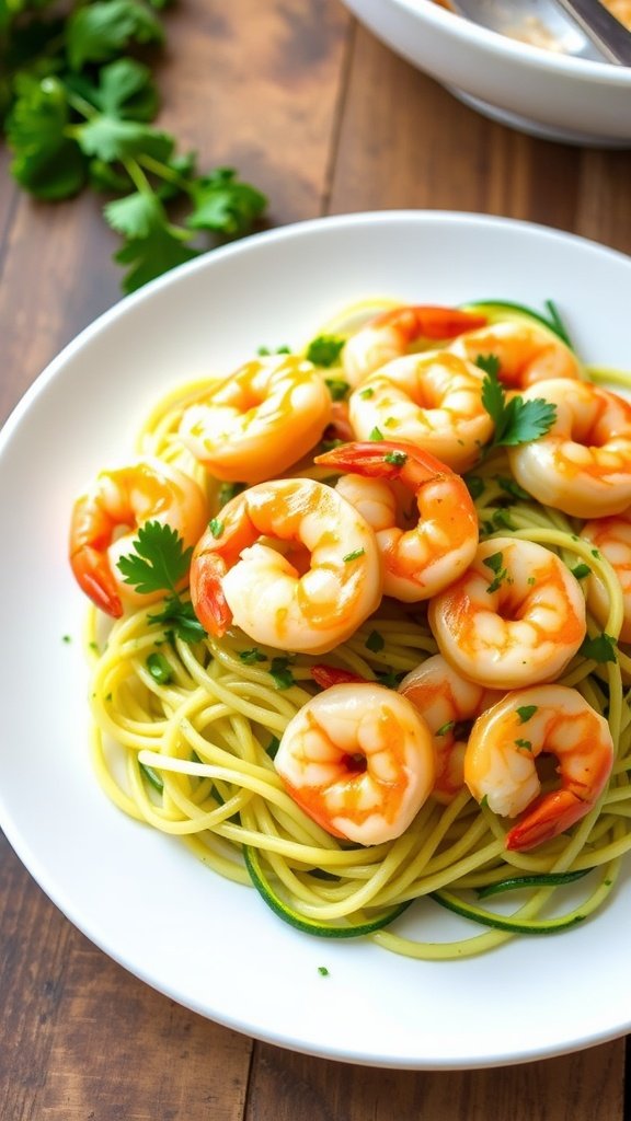 Lemon garlic shrimp on zucchini noodles garnished with parsley, served on a white plate.