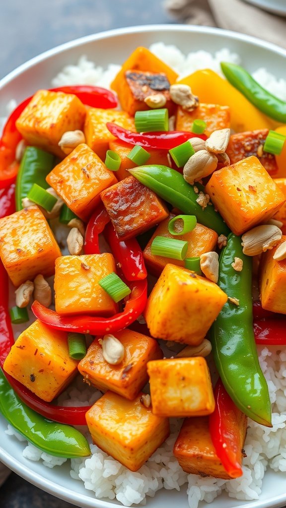 Crispy tofu stir-fry with bell peppers and peanuts over rice, garnished with green onions.