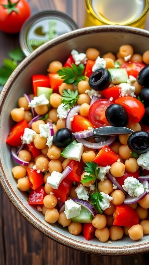 A colorful Mediterranean Chickpea Salad with cherry tomatoes, cucumber, feta, and olives in a rustic bowl on a wooden table.