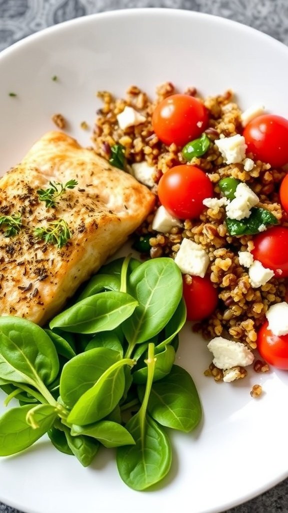 Herb-crusted baked salmon with quinoa and spinach salad, garnished with herbs and feta on a white plate.