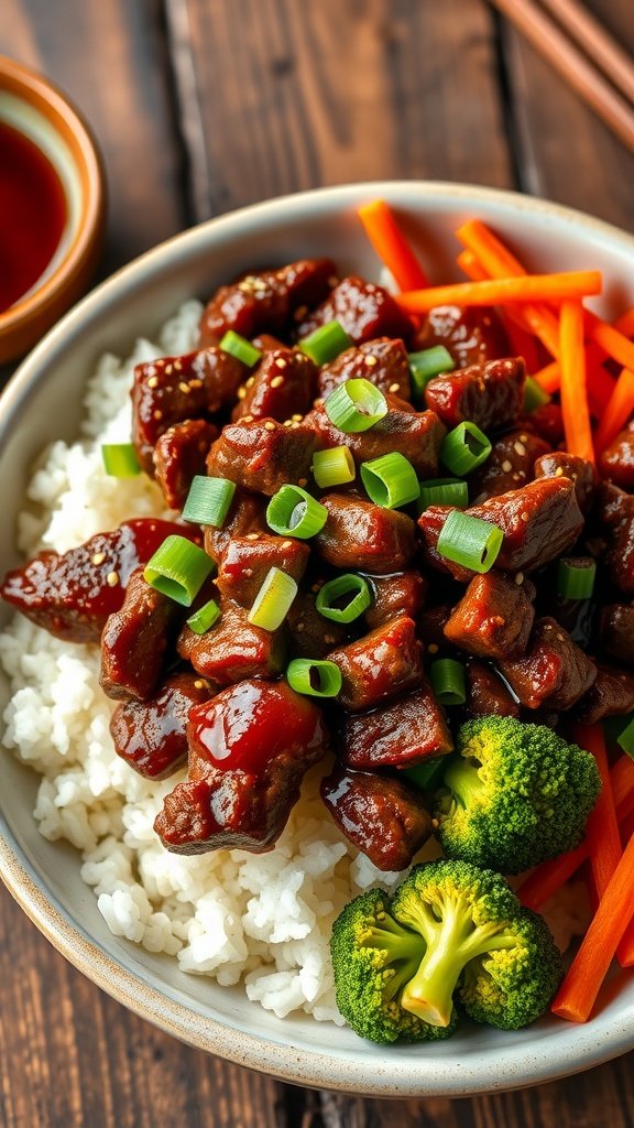 A Korean beef bowl with ground beef, jasmine rice, broccoli and carrots topped with green onions and sesame seeds.