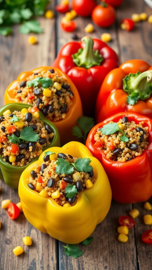 Stuffed bell peppers with quinoa and black beans, garnished with cilantro, on a wooden table.