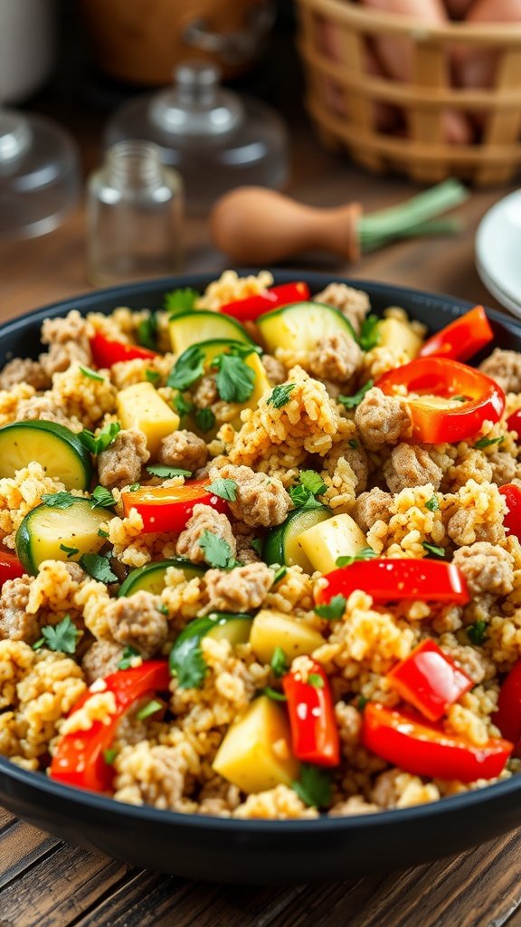 One-pan turkey and quinoa skillet with vegetables garnished with herbs.