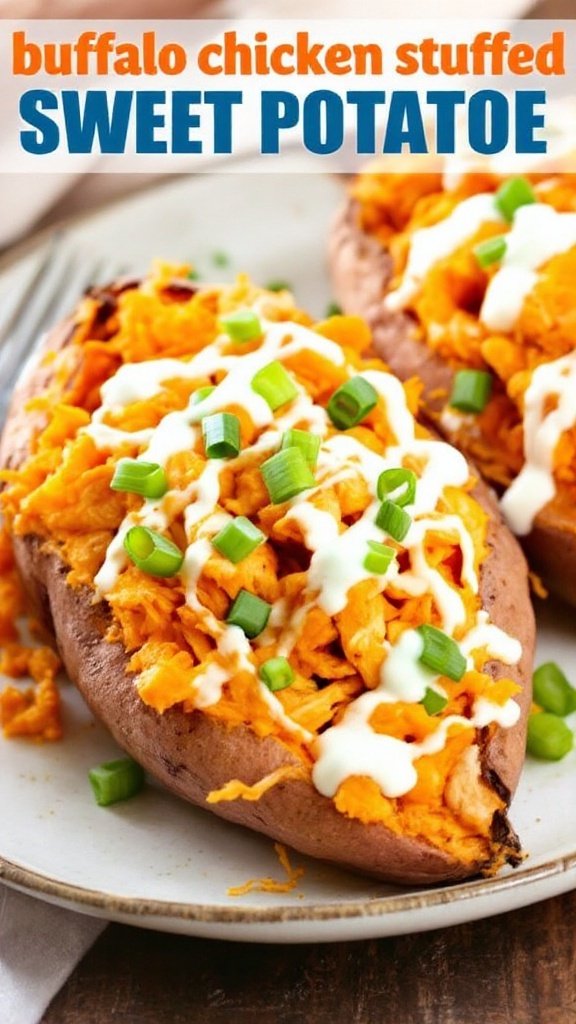 Buffalo Chicken Stuffed Sweet Potatoes filled with buffalo chicken, topped with cheese and ranch dressing, displayed on a rustic table.