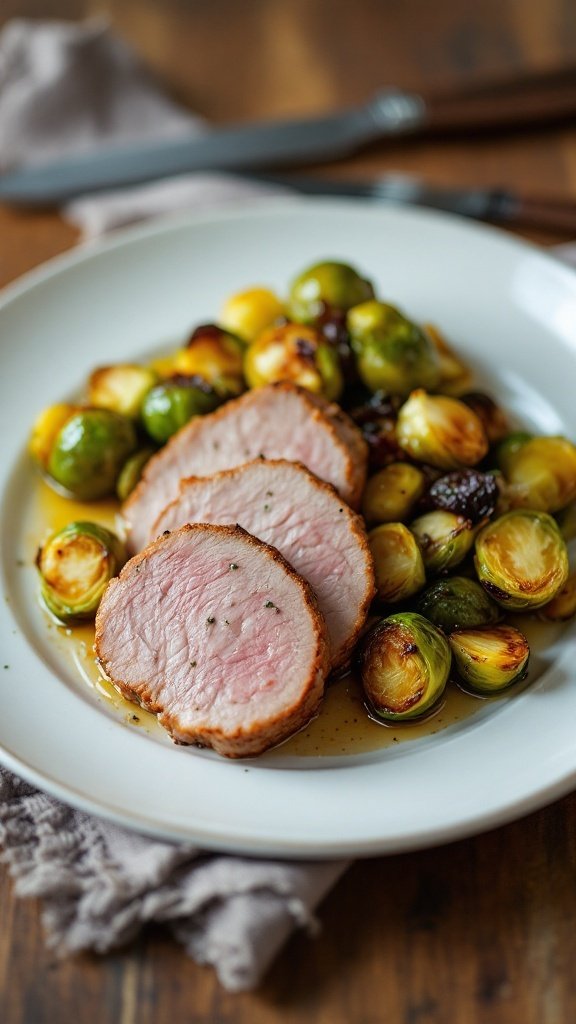 Sliced pork tenderloin with roasted Brussels sprouts on a rustic wooden table.