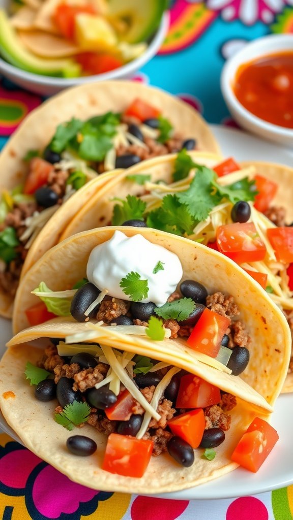 Delicious beef and black bean tacos topped with lettuce, tomatoes, and cheese on a colorful plate, served with sour cream and salsa.