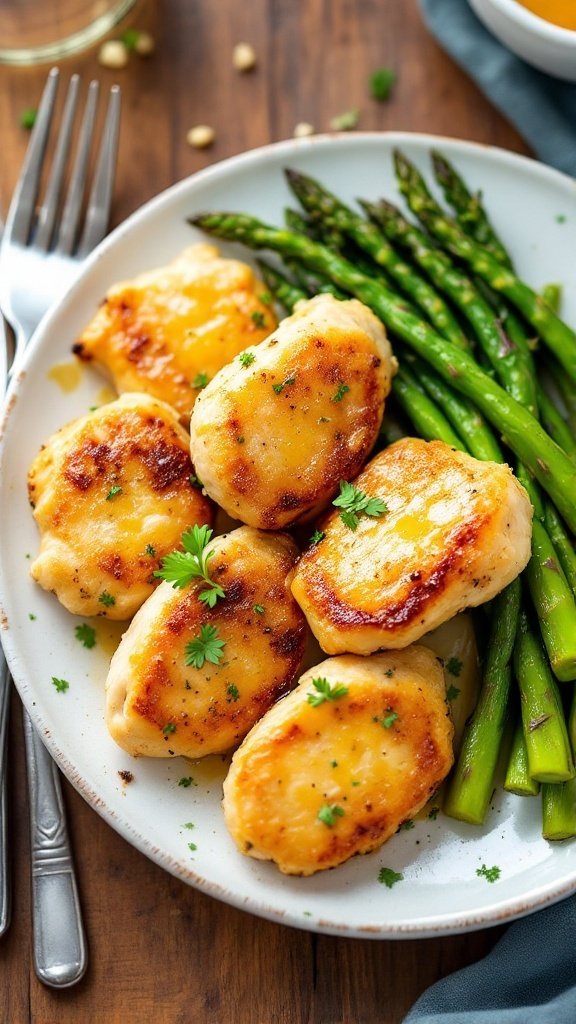 Garlic butter chicken bites with roasted asparagus on a rustic plate, garnished with parsley.