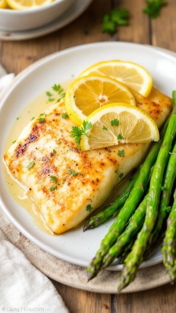 Pan-Seared Garlic Butter Cod with asparagus, garnished with lemon and parsley on a rustic table.