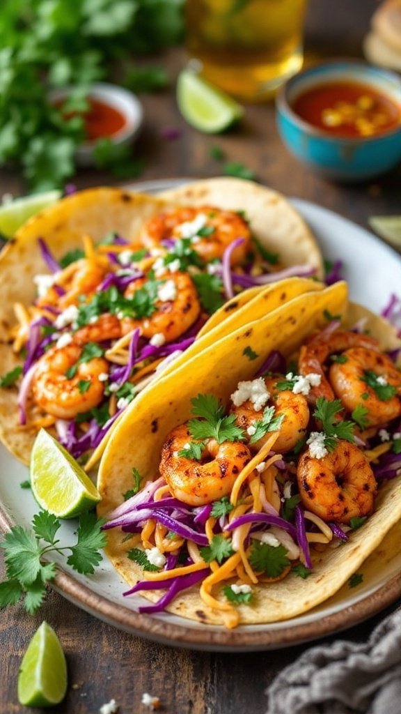 Spicy shrimp tacos topped with crunchy slaw and cilantro, served with lime wedges on a rustic table.