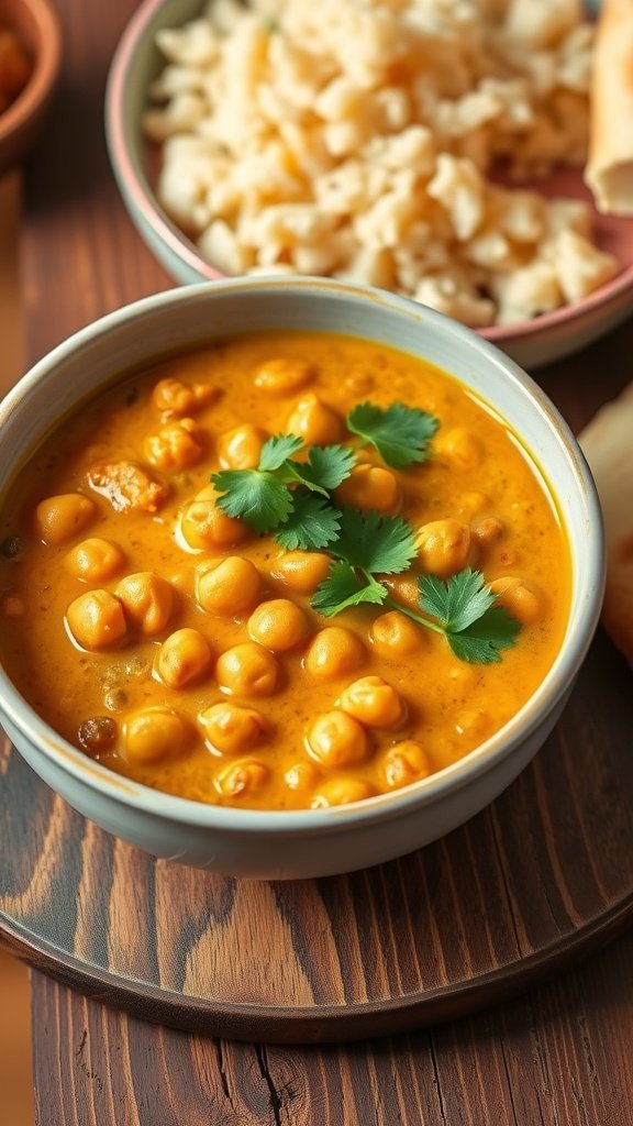 Creamy lentil and chickpea curry in a bowl, garnished with cilantro, served with rice and naan.