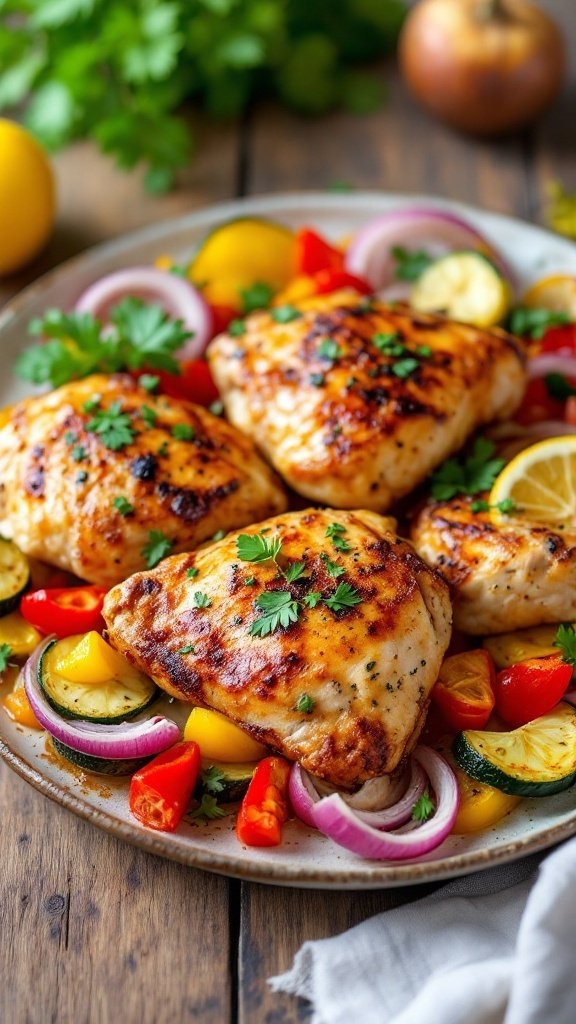 Roasted lemon herb chicken thighs with colorful vegetables on a wooden table.