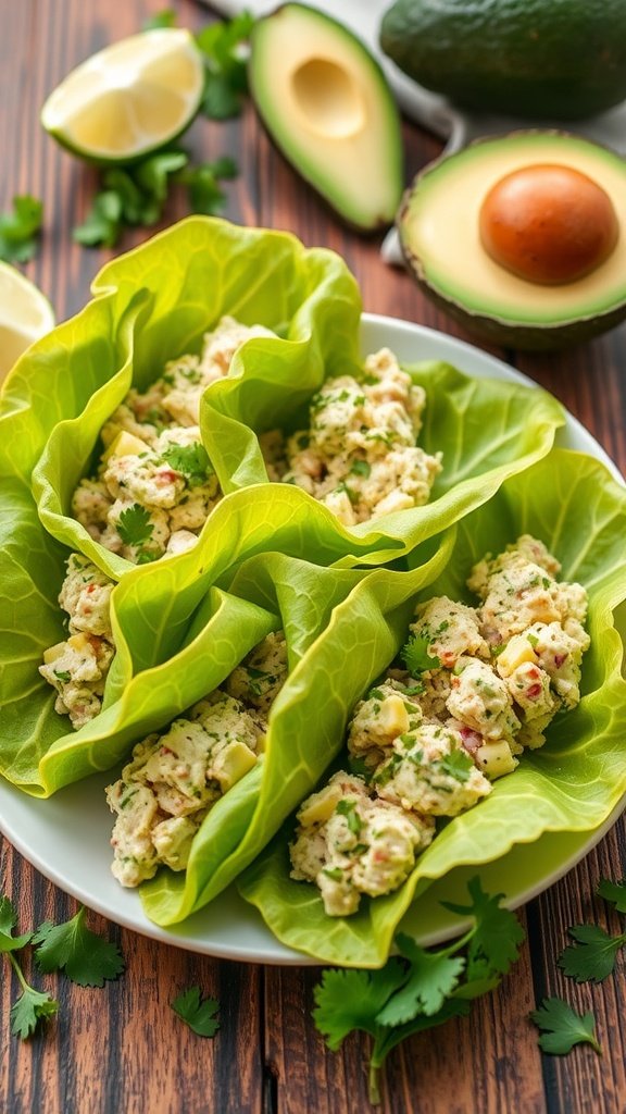 Tuna and Avocado Salad Lettuce Wraps filled with creamy tuna salad, garnished with cilantro, on a rustic table.