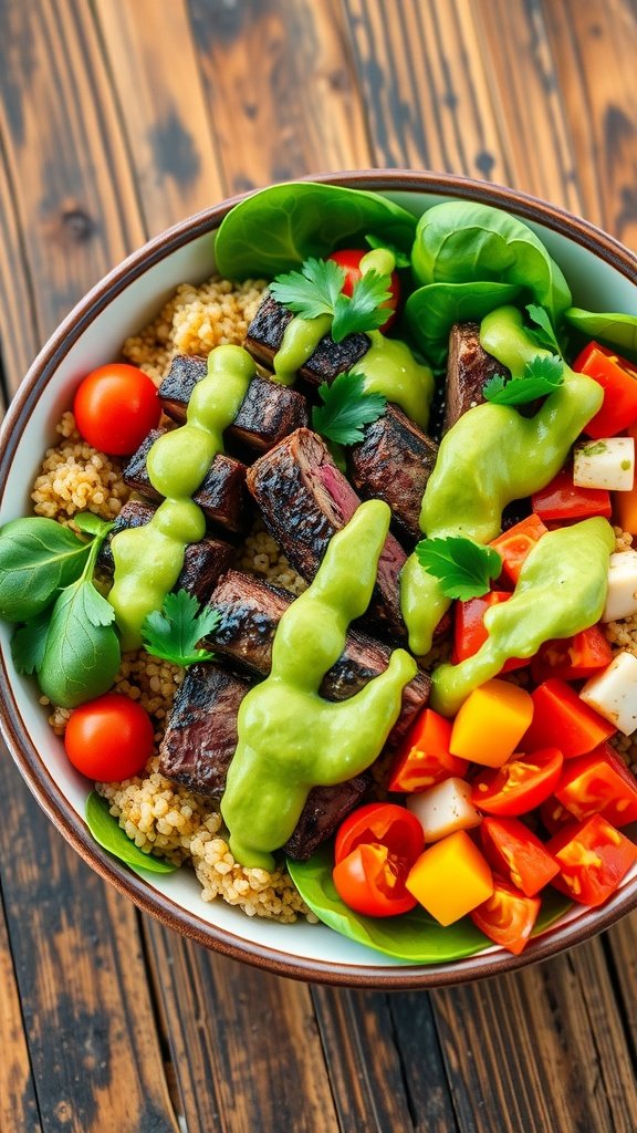 A colorful quinoa power bowl with steak, tomatoes, peppers, spinach, and avocado dressing.