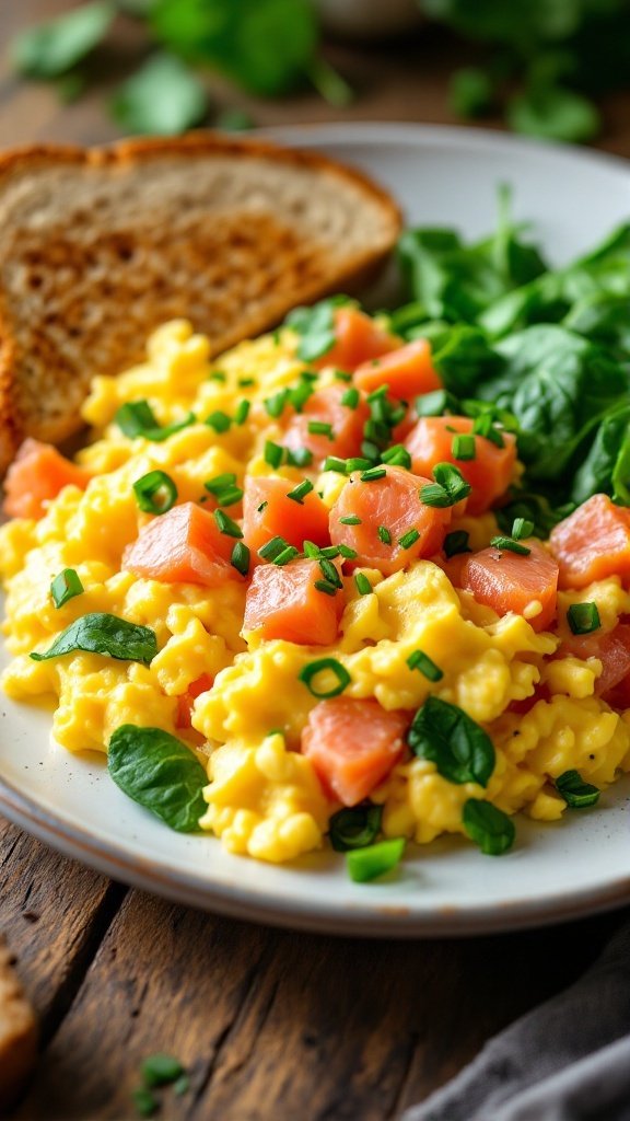 Fluffy scrambled eggs with smoked salmon and spinach on a plate, garnished with chives, next to a slice of whole-grain toast.