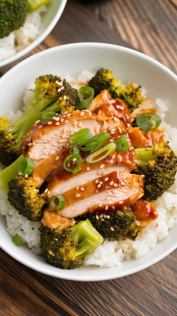 A colorful bowl of teriyaki chicken and broccoli stir-fry with sesame seeds and green onions, served over rice on a wooden table.